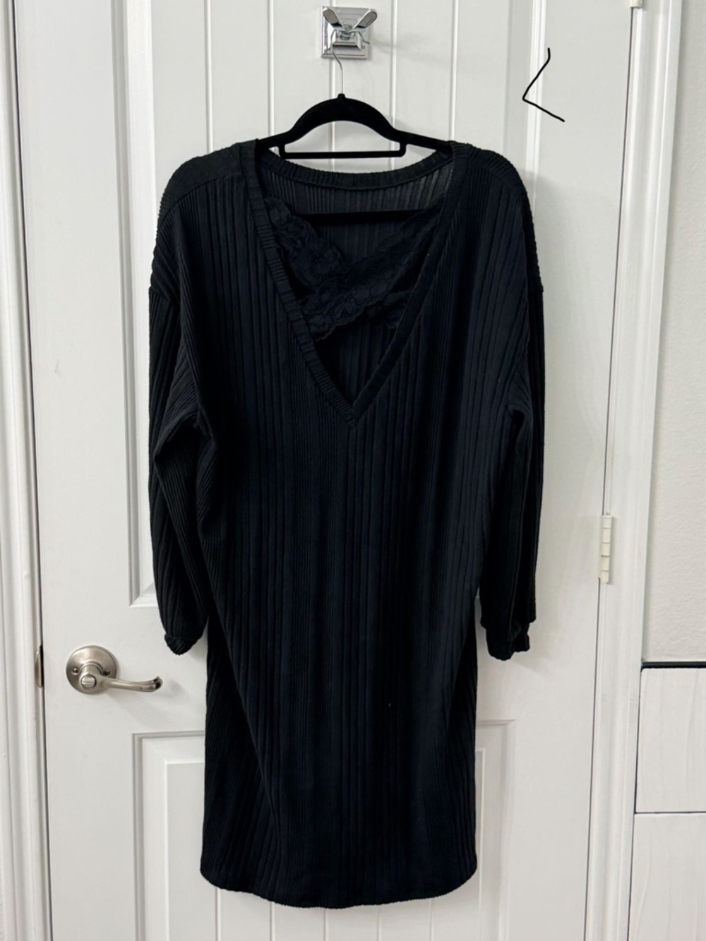 Black V-Neck Ribbed Knit Dress with Lace Trim